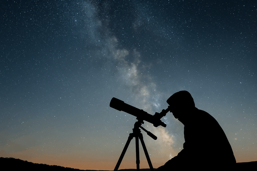 Gece gökyüzünde yıldızları izleyen bir gözlemci ve Samanyolu manzarası.